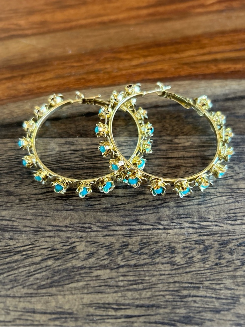 Golden Hoop Earrings with Floral Turquoise Accents